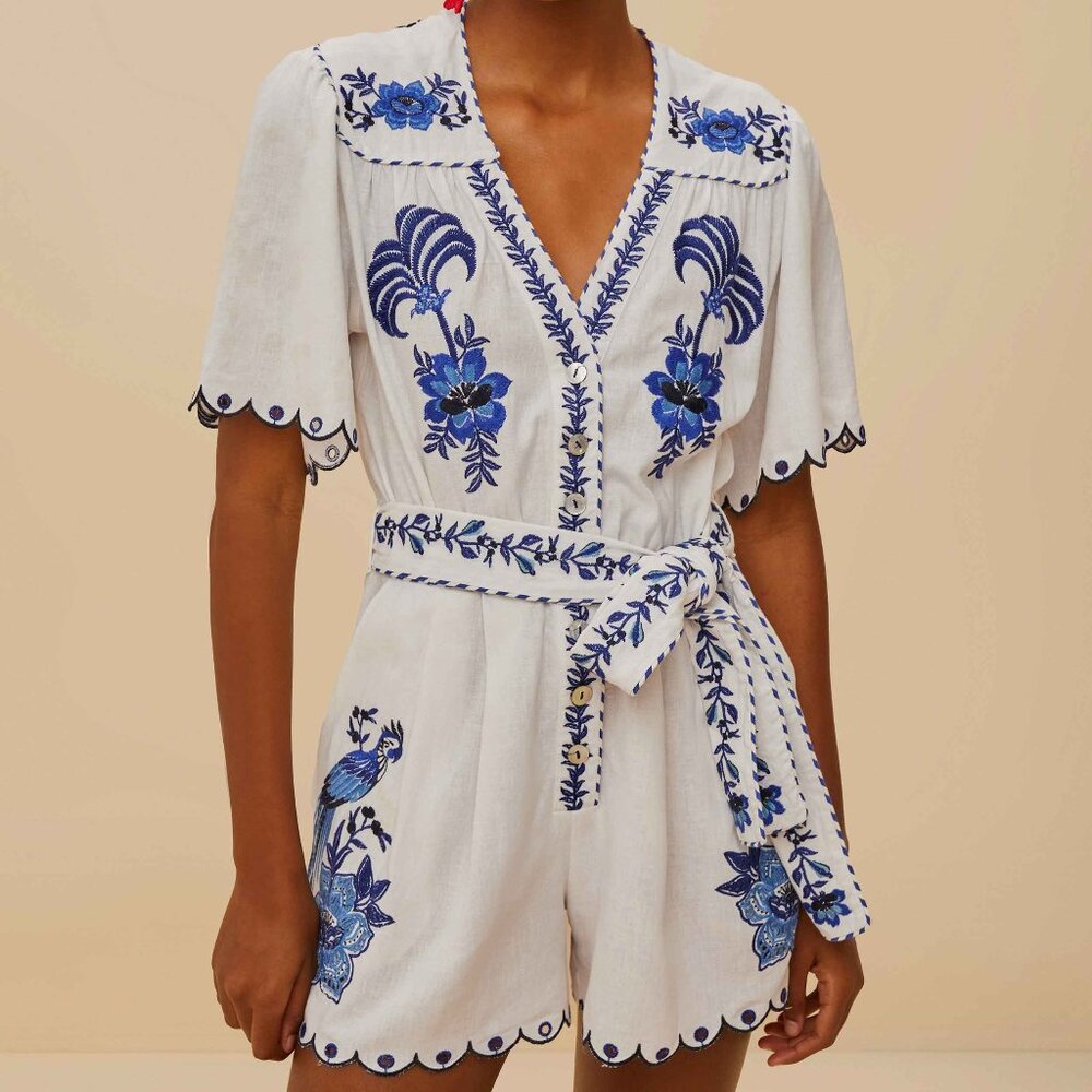 Blue Delicate Forest Richelieu Embroidered LENZING™ ECOVERO™ Euroflax™ Romper